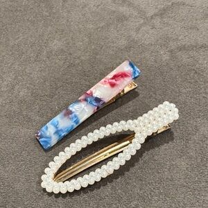 Pearl Oval and Multicolor Marble Resin Hair Clip Duo - Women